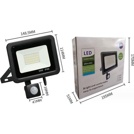 Projecteur LED 30W Noir détecteur de mouvement extérieur IP65 Température de Couleur: Blanc froid 6500K (1/3)