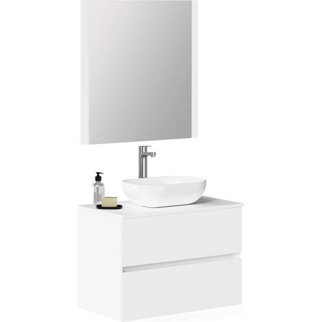 Meuble de Salle de Bain Onyx, 2 tiroirs, Suspendu au Mur, avec lavabo en céramique, Meuble monté, mélamine 16, Meuble F46 + Dessus + lavabo + Miroir 70 cm Blanc (1/5)
