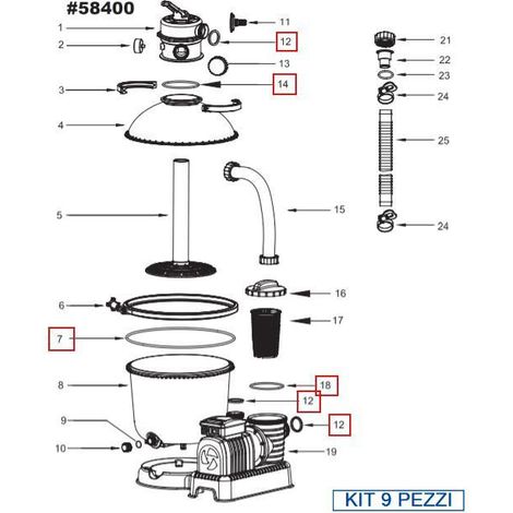 BESTWAY Kit 9 pezzi Guarnizioni per i filtri e girante 58400-58257-58258 (1/2)