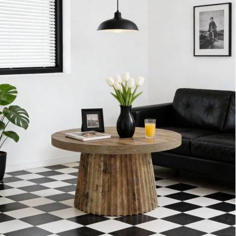 Table basse ronde en MDF, piétement rainuré, plateau 80 cm, finition bois brun, REDOM (1/5)