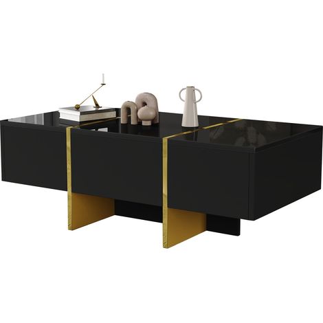 Mesa de centro moderna de alto brillo de 100 x 50 x 35 cm, mesa de almacenamiento negra con 4 cajones, capacidad de 40 kg, ideal para comedor, sala de estar, oficina y dormitorio. (1/5)