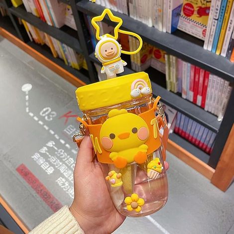 Bouteille d'eau Kawaii avec paille, esthétique, portable, en plastique, pour l'école, les sports de plein air, (canard jaune) (1/5)