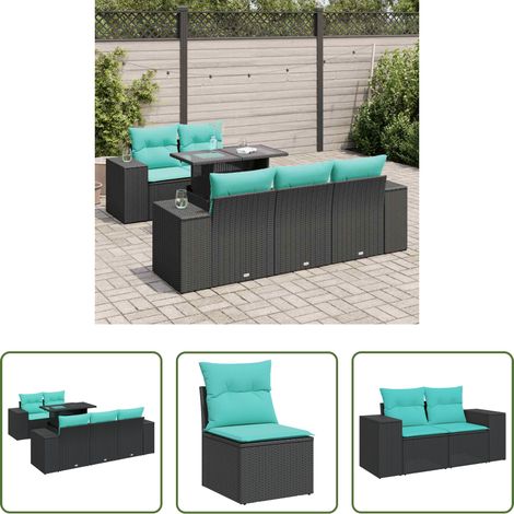 Gartentisch - 6-tlg. Garten-Sofagarnitur mit Kissen Schwarz Poly Rattan (1/5)