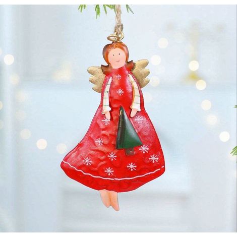 Décoration suspendue ange métal rouge flocon, ornement sapin avec petit sapin de Noël (1/5)