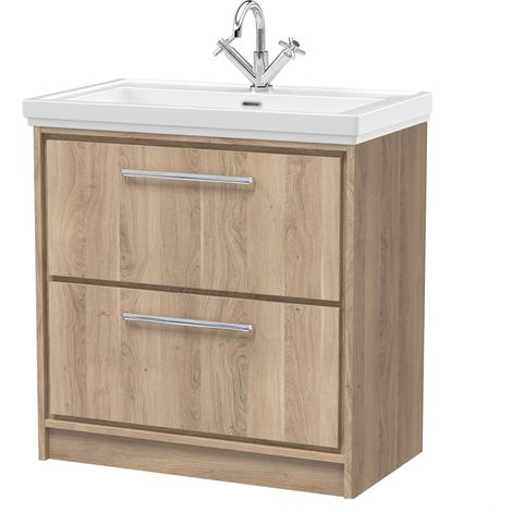 Longnor 2 Drawer Floor Standing Vanity Unit with 1 Tap Hole Traditional Fireclay Basin, Light Oak, 800mm