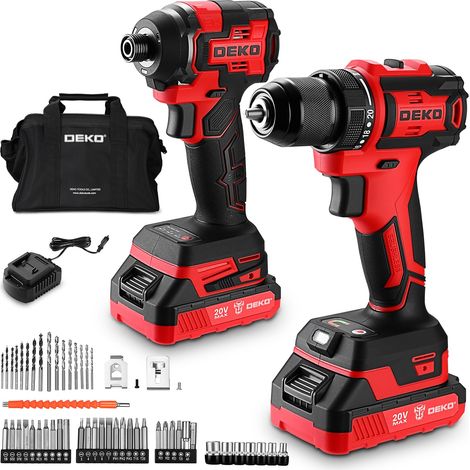 Perceuse Visseuse 20V + Visseuse à Choc 200N.m, Kit 2-en-1 avec 2 Batteries 2.0Ah, Chargeur Rapide, Sac de Rangement et Jeu Complet d'Embouts de Vissage, Rouge (1/5)
