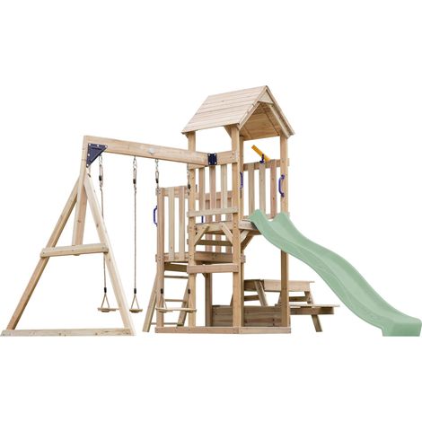 Axi Mette Aire De Jeux En Bois Avec 2 Balançoires, Toboggan Vert Pastel, Table De Pique Nique / Aire De Jeux Extérieur Avec Balançoires/ Bac À Sable/Téléscope Portique Balançoire/Jeux En Bois Extérieu