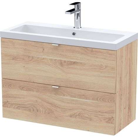 Alrewas Contemporary 2 Drawer Wall Hung Vanity Unit with Basin, Bleached Oak, 800mm