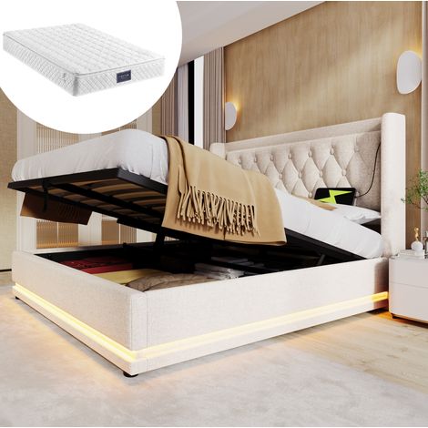 Lit double 140/200 cm beige en coton avec rangement hydraulique et ports de charge (1/5)