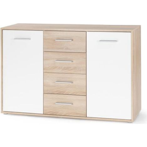 Buffet bas PILVI - 2 portes et 4 tiroirs - Blanc et chene sonoma - L 122,6 x P 34,2 x H 81,1 cm (1/5)