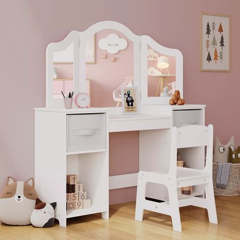 Coiffeuse pour Enfants avec Miroir,Tabouret et Rangement,108x30x114cm,Bureau pour Enfants,Table de Maquillage
(Blanc)