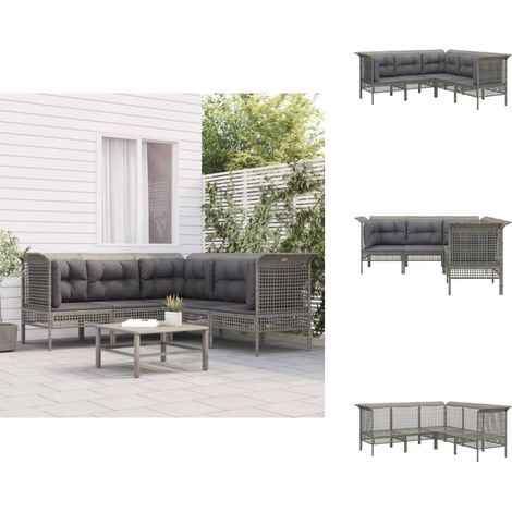 5-tlg. Garten-Lounge-Set mit Kissen Grau Poly Rattan - Gartenmöbeln - Loungesessel - Outdoor Möbel - Rattan Möbel - Gartengeräte (1/5)