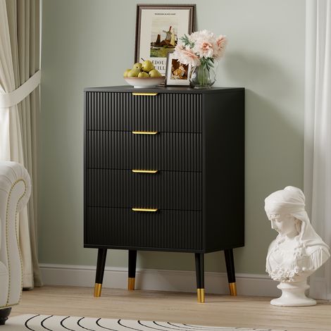 Meuble de rangement à 4 tiroirs cannelés – Table de chevet et commode peu encombrantes avec pieds en bois robustes – Idéal pour la chambre, le salon et l'entrée-noir (1/5)