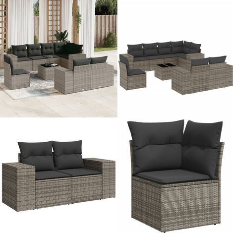 9-tlg. Garten-Sofagarnitur mit Kissen Grau Poly Rattan - Gartenmöbel Set - PE-Rattan Möbel - Outdoor Lounge - Esstisch - Sofasatz - Home & Living (1/5)