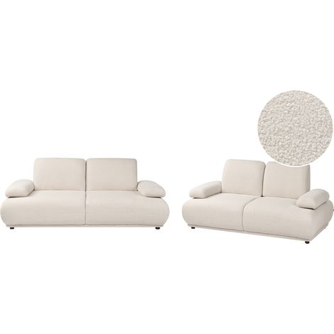 Conjunto de sala de estar sofás de 3 y 2 plazas tapizado patas de madera respaldo y reposabrazos ajustables de bouclé blanco crema Nacka