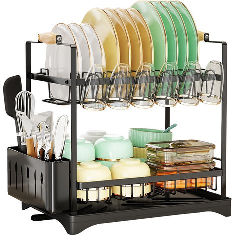 Égouttoir à vaisselle noir double couche 46,8 x 26,7 x 42 cm, support de rangement multifonction avec porte-gobelet et cage à baguettes, 1 pièce (1/5)