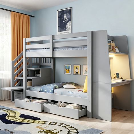Letto a castello per bambini 277x95x150 cm con scrivania, libreria, cassetti, luci LED, legno grigio (1/5)