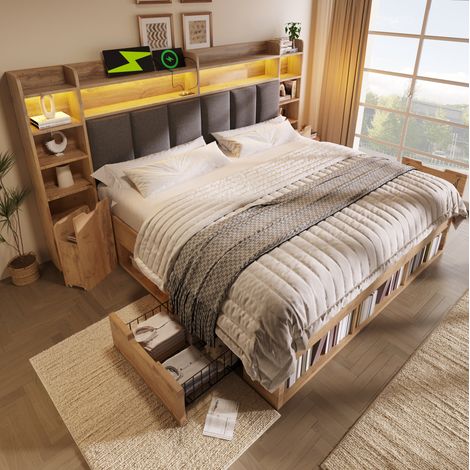 Lit avec tiroirs 160x200 cm avec LED, ports USB et Type-C, en bois chêne, sans matelas (1/5)