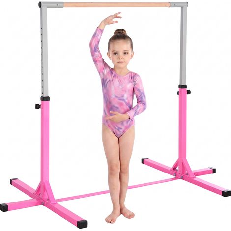 Barre de gymnastique pour enfants de 3 ans et plus, hauteur réglable de 92 à 150 cm, en acier et bois de hêtre massif, barre horizontale pour la danse, équipement de gym antidérapant, rose (1/5)