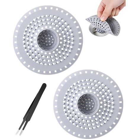 2 Pièces Attrape Cheveux Douche en Silicone Souple - Grille de Drain Universelle Anti-Bouchage pour Baignoire Douche et Évier Cuisine - Filtre à Cheveux et Poils avec Pince Inclus - Gris (1/5)