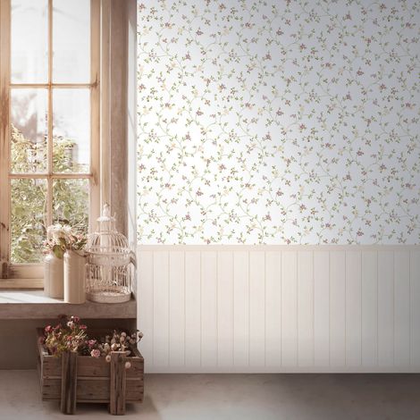 Papier peint photo Profhome 398051 papier peint intissé gaufré à chaud légèrement texturé avec un dessin floral mat crème blanc-crème rose vert 1,59 m x 2,8 m