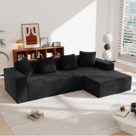 Canapé modulaire en L 261x146x65 cm, assise profonde, méridienne extensible, 4 coussins, velours côtelé noir (1/5)