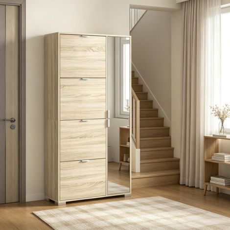 Meuble à chaussures à 4 portes battantes, 2 placards et façades miroir pour 16 paires de chaussures, meuble d'entrée (1/5)