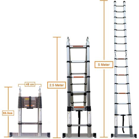 5m(2,5+2,5) Teleskopleiter Ausziehleiter Edelstahlleiter A-Rahmen Klappleiter für Wohnmobil/Dachboden/Büro/Warenhaus Mehrzweckleiter leicht zu tragen 150 Kg Belastbar (1/5)