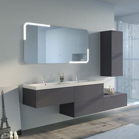 Distribain – Meuble de salle de bain double vasque 150 cm – Gris anthracite – 2 tiroirs avec push-open – Colonne de rangement avec 2 portes (1/5)