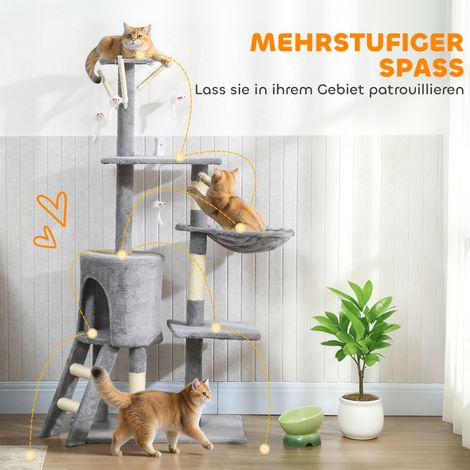 Arbre à chat avec grotte, 4 jouets, poteaux en sisal, grande plateforme, escalier, pour chats de moins de 5 kg, gris (1/5)