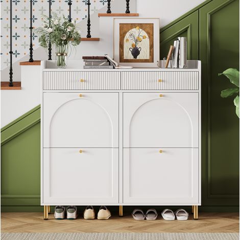 Zapatero en MDF y aglomerado blanco 106,5 cm con 4 puertas abatibles y 2 cajones (1/5)