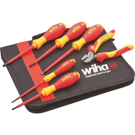 Wiha VDE Electricians Pz Flat Screwdriver + Side Cutter Plier Set in Soft Case