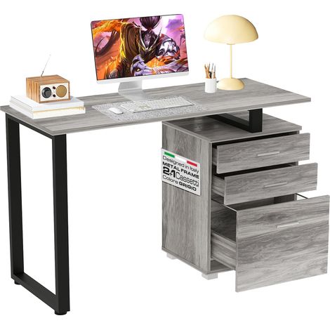 Scrivania con Cassettiera Tavolo Porta Pc Computer Acciaio Legno Ufficio Grigio (1/5)