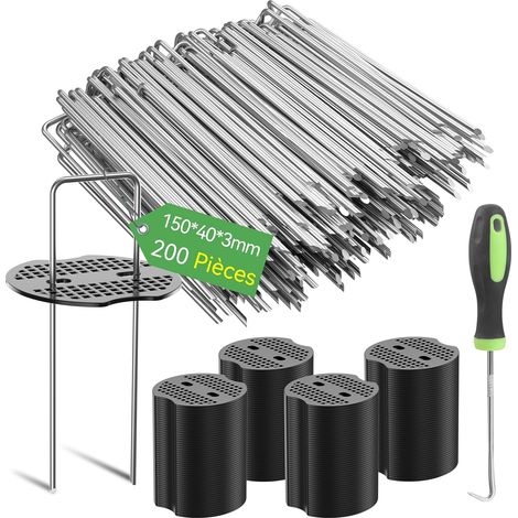 200Pcs 15cm Piquets de Jardin Ø 3mm avec 200Pcs de Joint - Agrafes en Acier Galvanisé pour Fixer Toiles Anti-Mauvaises Herbes, Filets et Les Tubes avec 1 Crochet de Ramassage (1/5)
