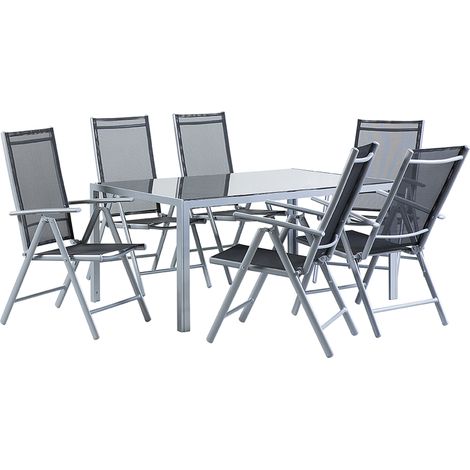 Conjunto de comedor de jardín de 7 piezas con mesa de comedor de aluminio negro y 6 sillas plegables