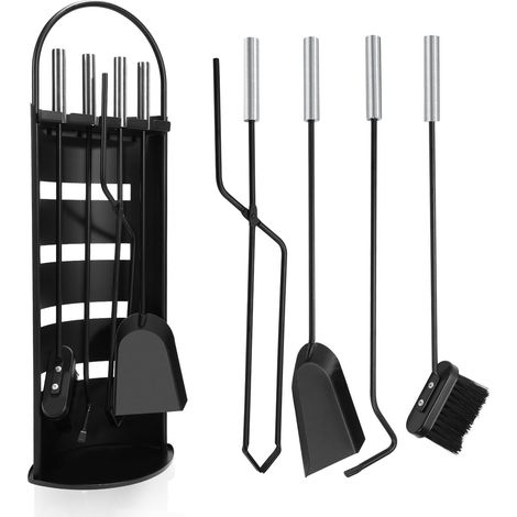 Jiubiaz Kaminbesteck, 5-teilige Kamingarnitur mit Schaufel, Besen, Feuerhaken, Feuerzange & Ständer, Ofenbesteck modern, schwarz (1/5)