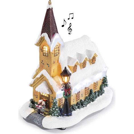 Petite église pour village de Noël en résine, lumineuse et musicale, 15,5 x 26 x H. 27,5 cm
