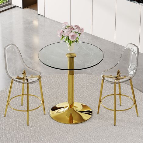 Conjunto de bar de 89 cm con mesa de cristal y 2 taburetes transparentes, estructura metálica dorada (1/5)