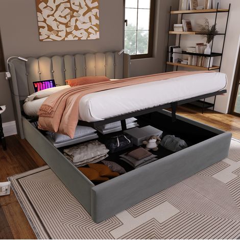 Cama 160x200 cm de terciopelo gris con USB y almacenaje, para dormitorio, sin colchón – MEUBLIV (1/5)