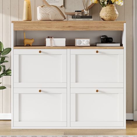Meuble à chaussures avce 4 portes, étagères réglables - rangement d'entrée grande capacité, style moderne, 105x100x25 cm - Blanc (1/5)