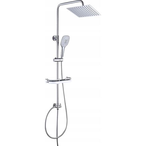 JOHO Duschsäule Chrom ohne Armatur - Edelstahl Duschstange höhenverstellbar mit Duschablage und Handbrause, ideal für Renovierung - Regendusche Eckig 20x20 cm