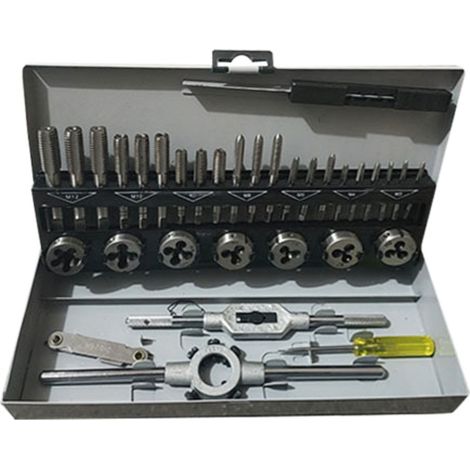Coffret de 32 tarauds et filières - Acier rapide de qualité supérieure avec coffret de rangement gris, pour le filetage, le nettoyage et la réparation (1/5)
