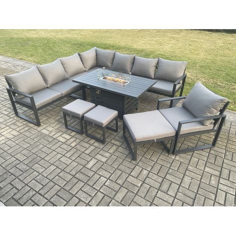 Fimous Aluminium Lounge Corner Sofa Outdoor Garden Furniture Sets Gas Fire Pit Dining Table Set with Chair 3 Footstools Dark Grey (1/5)