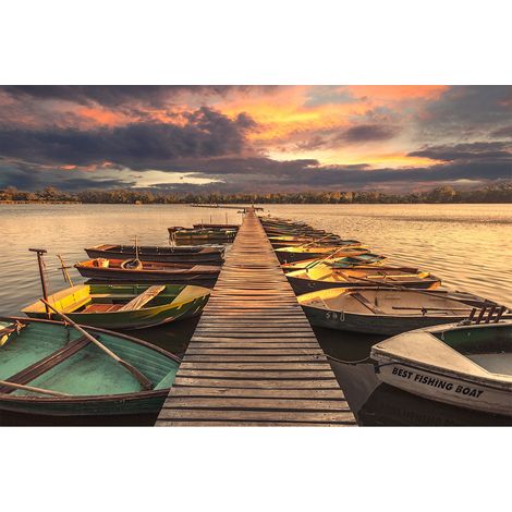 Papier peint panoramique lac avec barques multicolores | Tapisserie panoramique coucher de soleil | Papier peint panoramique paysage idéal salon - 267 x 400 cm (4 pièces) (1/2)