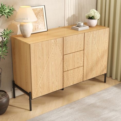 Credenza con ante geometriche e cassetti centrali, naturale, 115,5x40x76 cm (1/5)