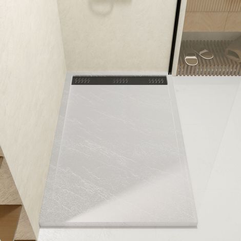receveur en acrylique blanc effet pierre 90x140x5 cm + grilles linéaires chrome et noire