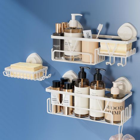 3-teiliges Duschablage-Set mit Saugnapf und Seifenschale, Cremeweiß  Duschregal mit Saugnapf, Badezimmer-Organizer, für Bad/Küche/Waschküche (1/5)