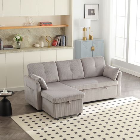 Canapé convertible multifonction avec rangement et lit escamotable, méridienne interchangeable, canapé d’angle modulable en L pour salon (1/4)