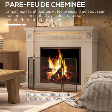 Pare-feu cheminée 3 panneaux pliables - Grille protection étincelles métal noir thermolaqué 96x56cm design flèche stable (1/5)