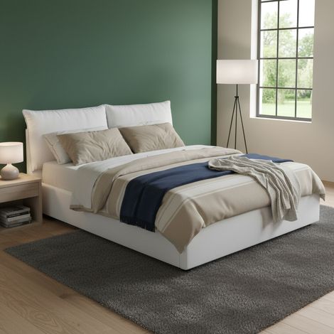 Dmora - Cama matrimonial Dgnahor, Cama contenedor con revestimiento de tela, 100% Made in Italy, Apertura frontal, adecuado para colchón Cm 140x200, Blanco (1/5)